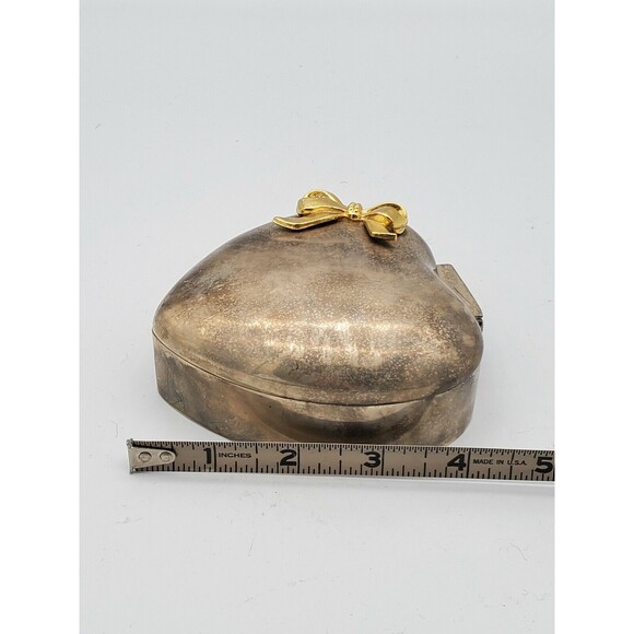 International Silver Co Plated Heart Shaped Jewelry Hinged Trinket Box with Bow - Picture 7 of 12